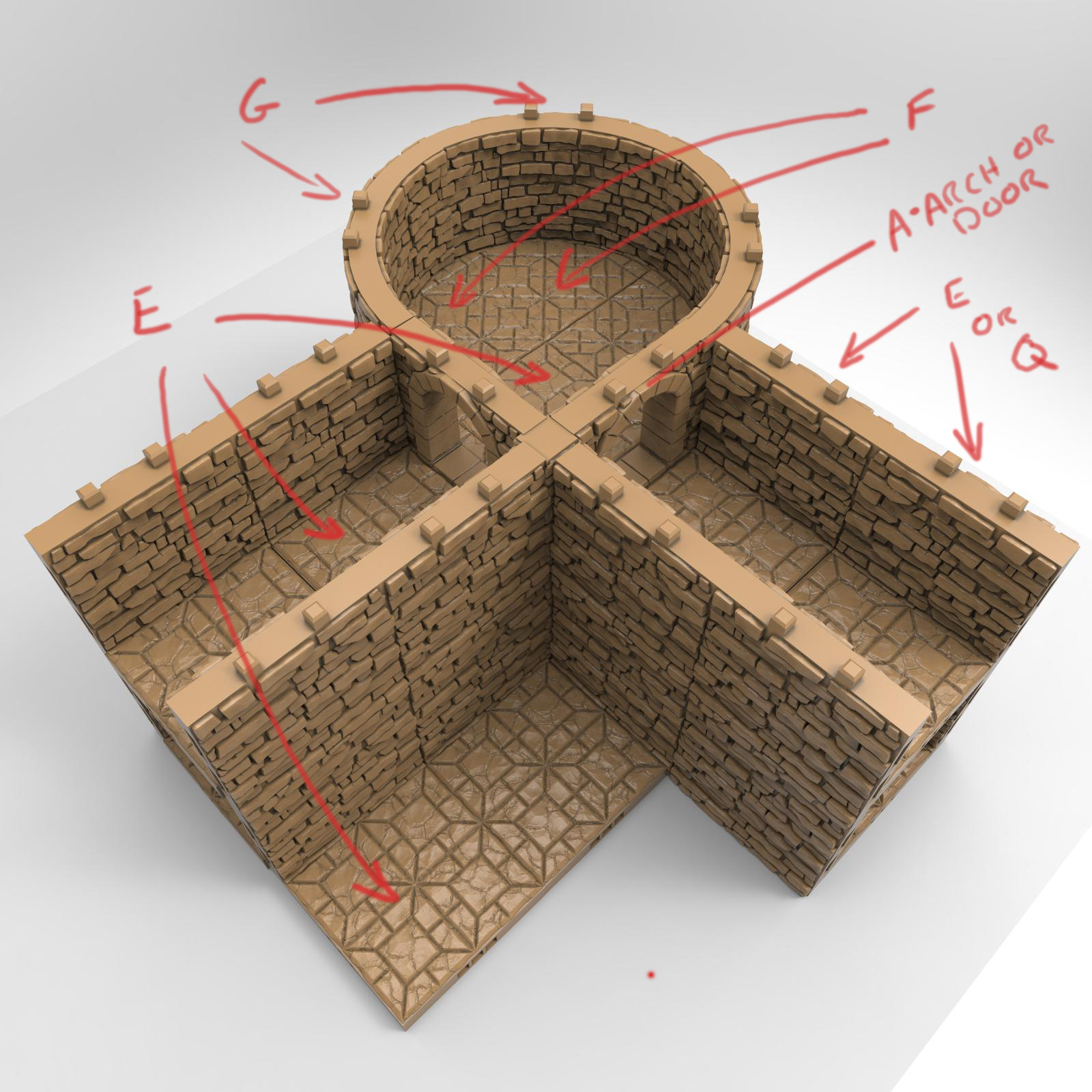 3d printed openlock tiles labelled placement