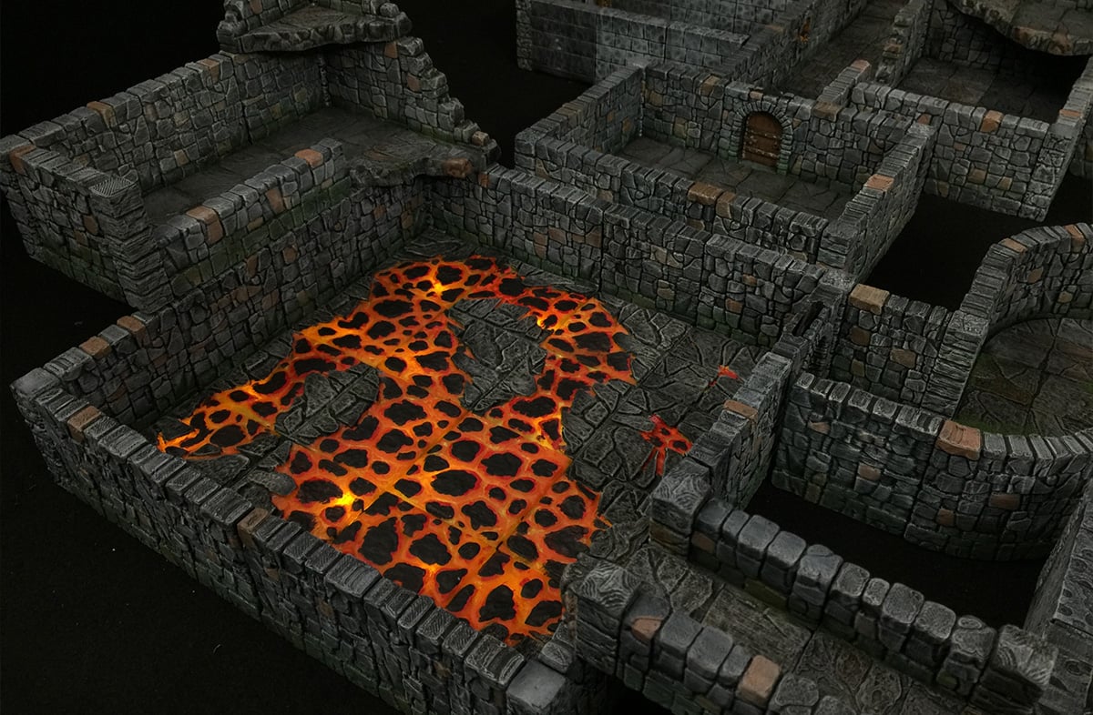 3D printed and painted Dungeon layout made up of 3d printed tiles and components