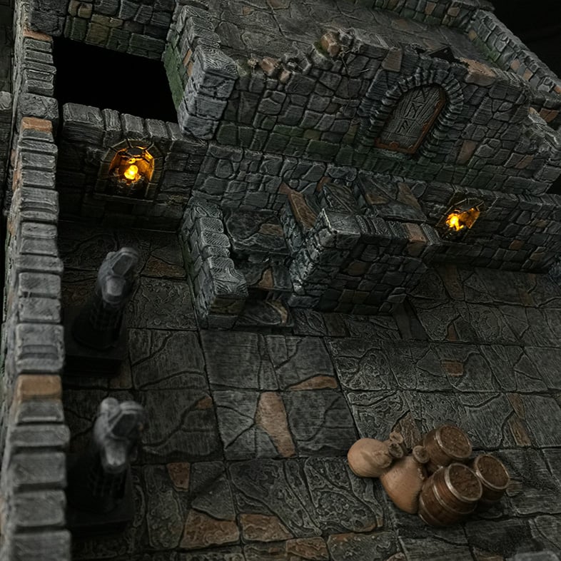 3D printed and painted Dungeon layout made up of 3d printed tiles and components