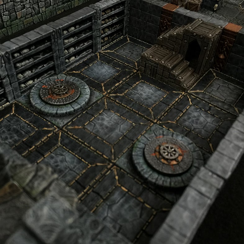3D printed and painted Dungeon layout made up of 3d printed tiles and components