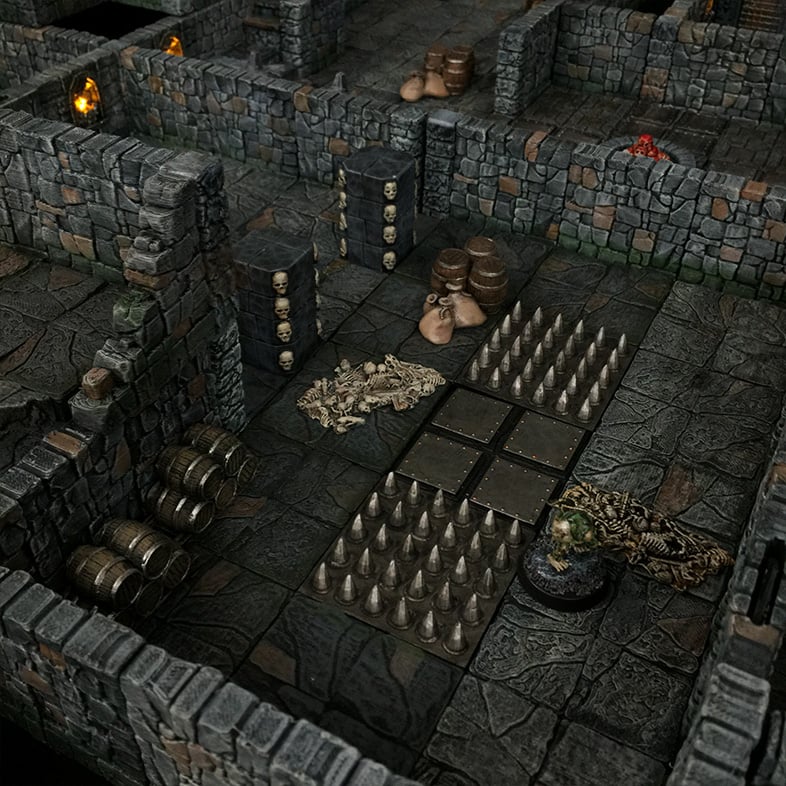 3D printed and painted Dungeon layout made up of 3d printed tiles and components