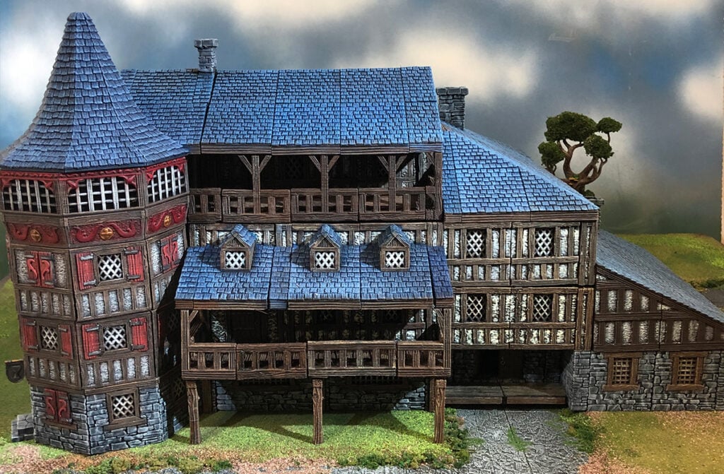 3D printed and painted Tavern layout made up of 3d printed tiles and components