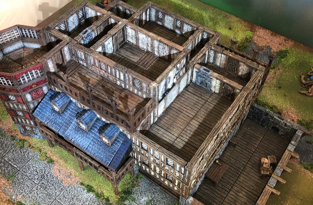 3D printed and painted Tavern layout made up of 3d printed tiles and components
