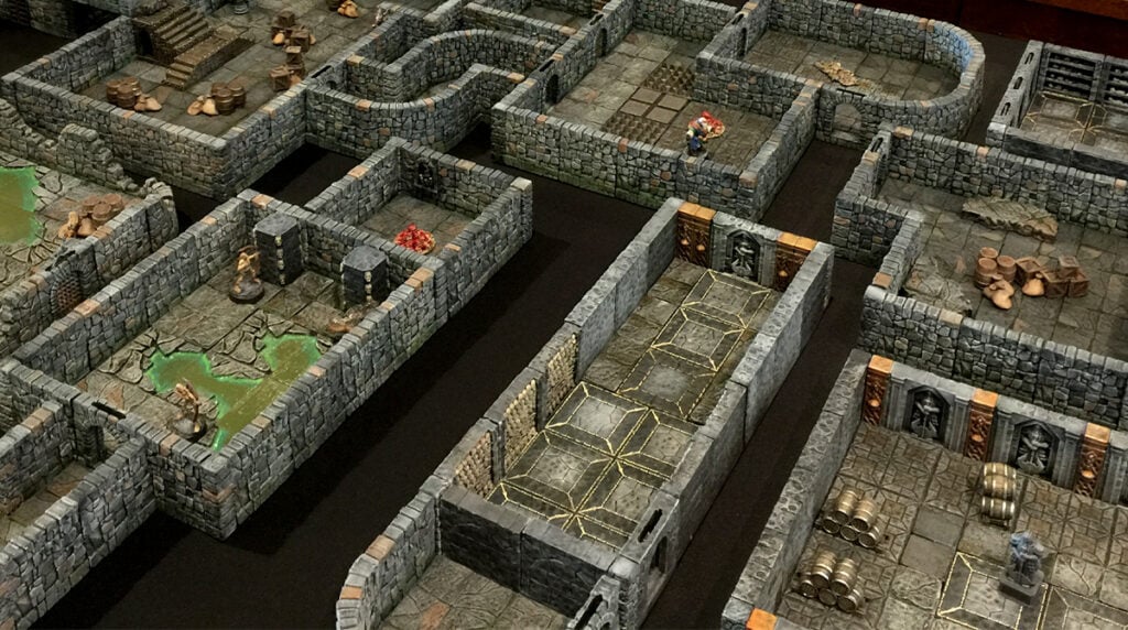 3D printed and painted Dungeon layout made up of 3d printed tiles and components