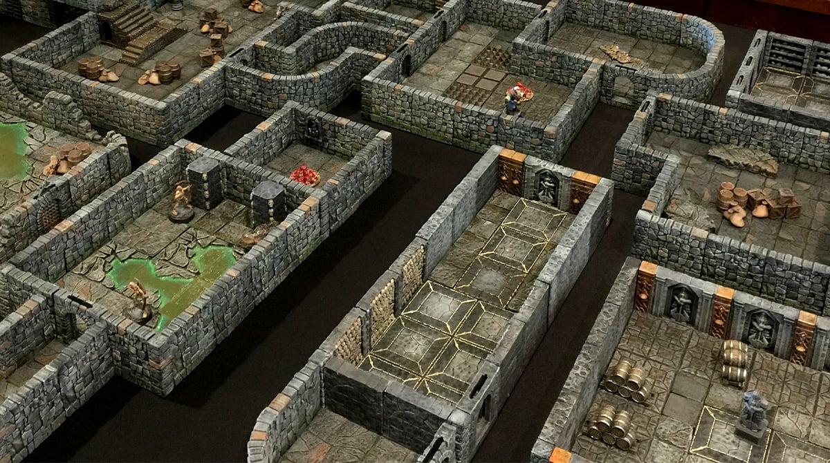3D printed and painted Dungeon layout made up of 3d printed tiles and components