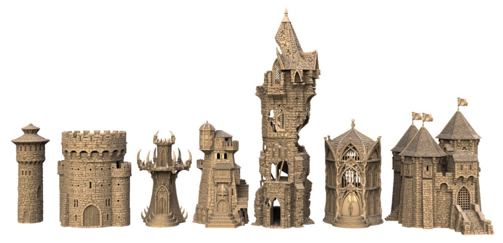 3D render of Dwarves, Elves, and Demons towers