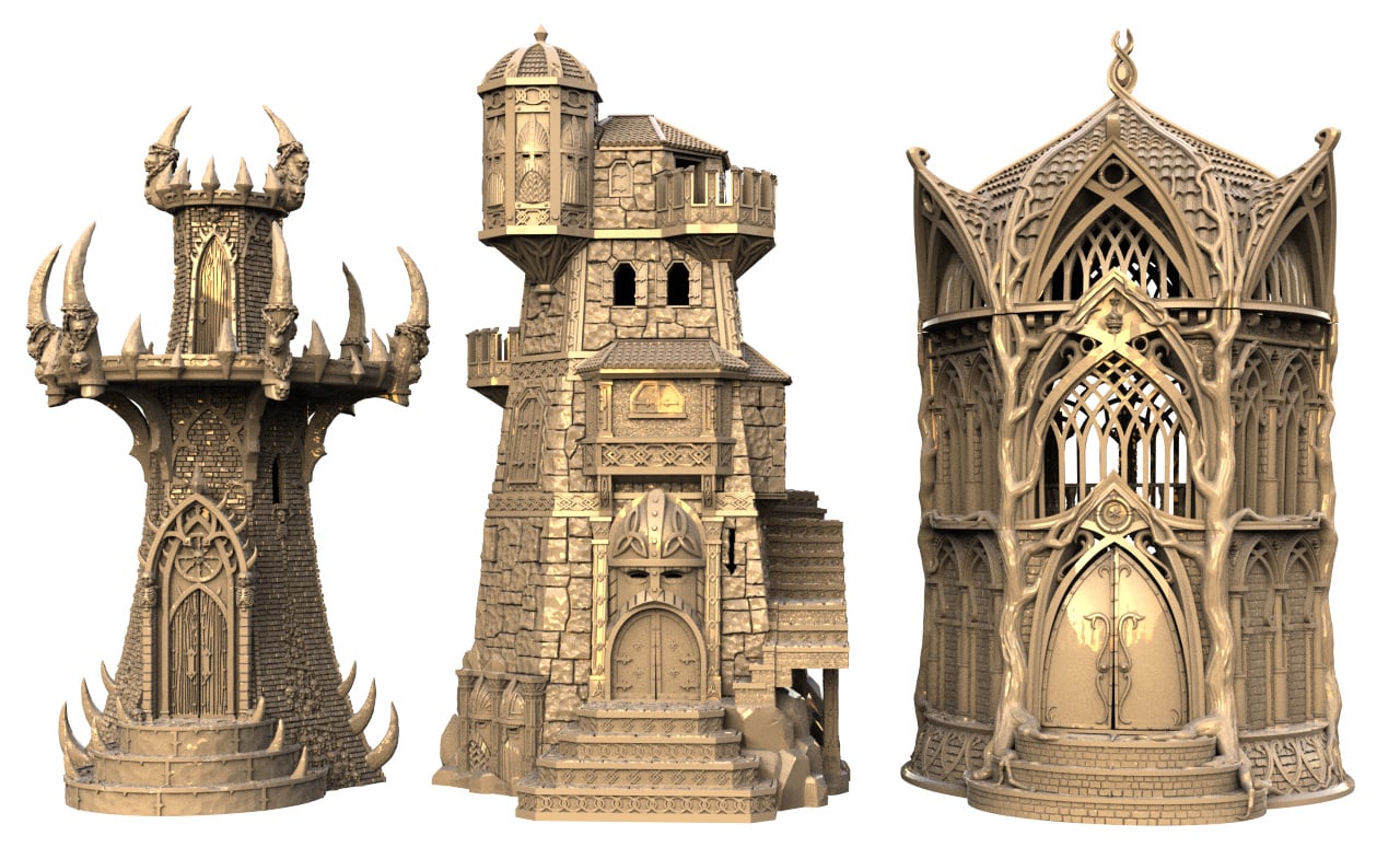 3D render of Dwarves, Elves, and Demons towers