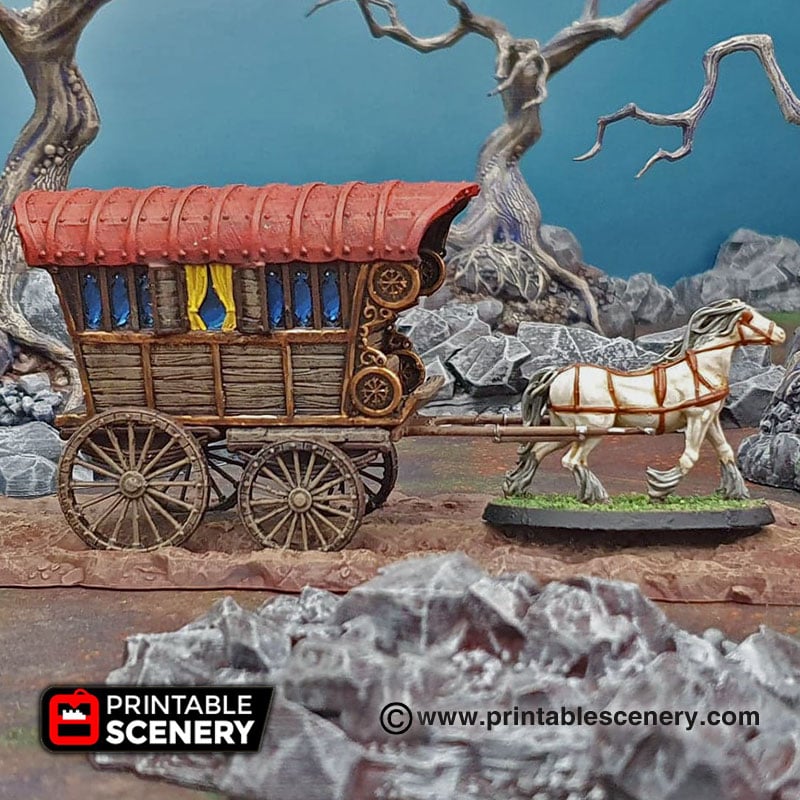 3 World Traveler Wagons Caravan and Horses Miniature Mini 3D Printed Model