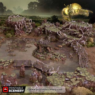 3d printed and painted gloaming swamps terrain for dnd and wargaming