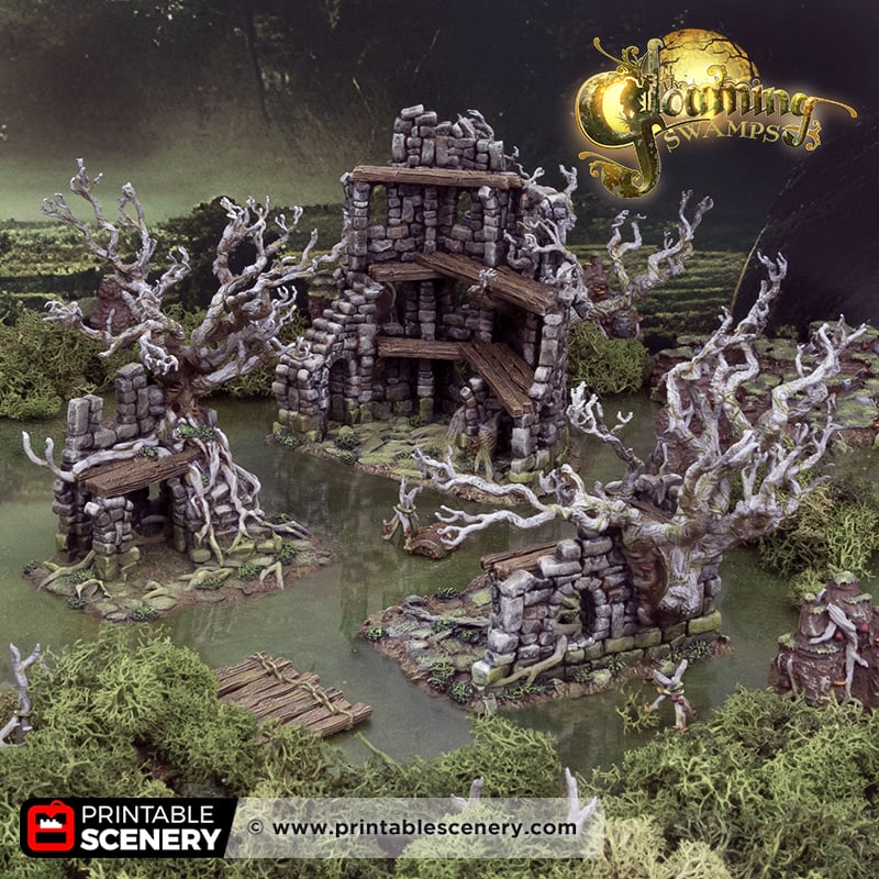 3d printed and painted Gloaming Wilderness terrain models for dnd and wargaming