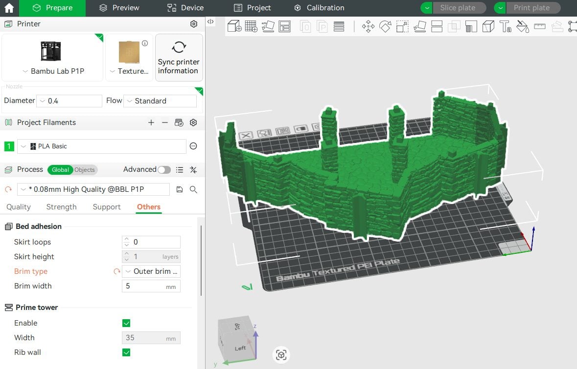 Screenshot of 3d printing a model on Bambulabs slicer