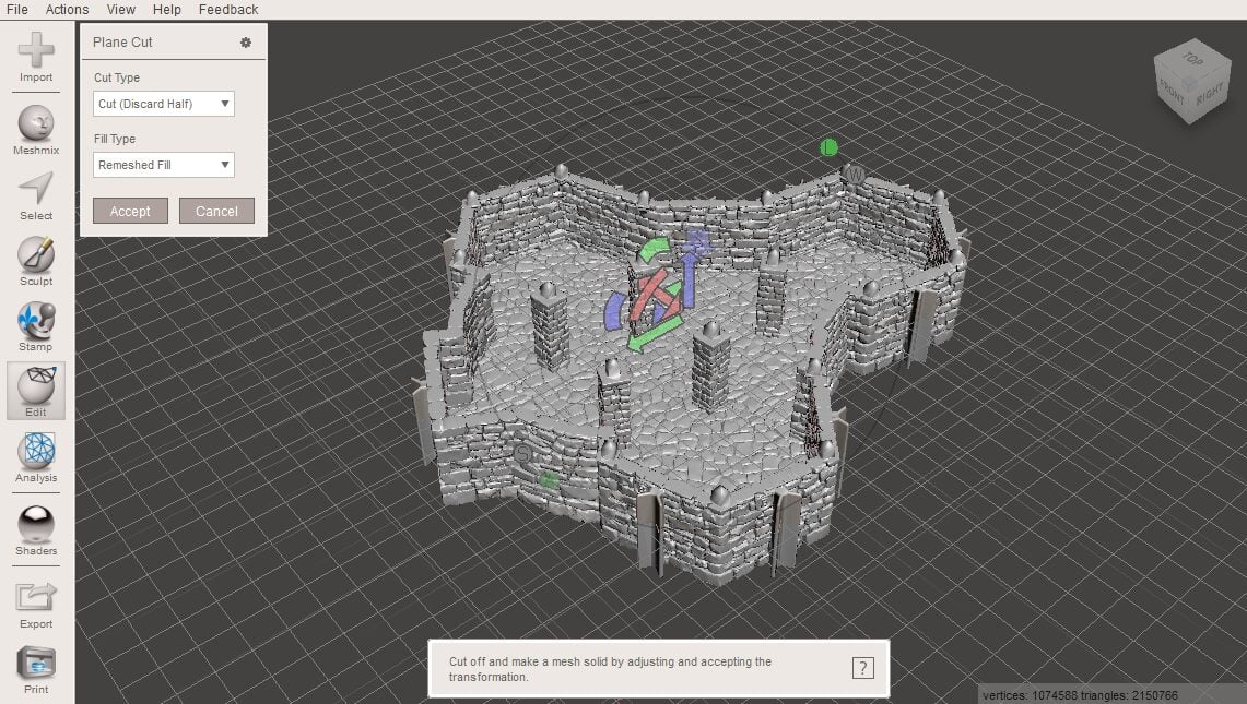 Screenshot of planecutting a model on meshmmixer