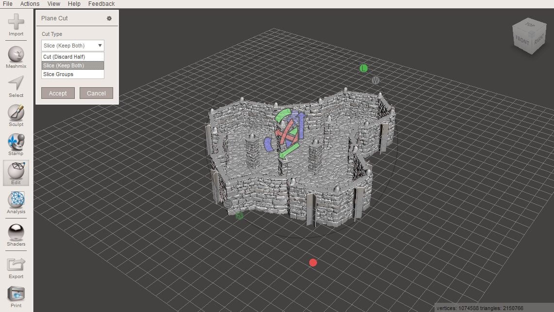 Screenshot of planecutting a model on meshmmixer
