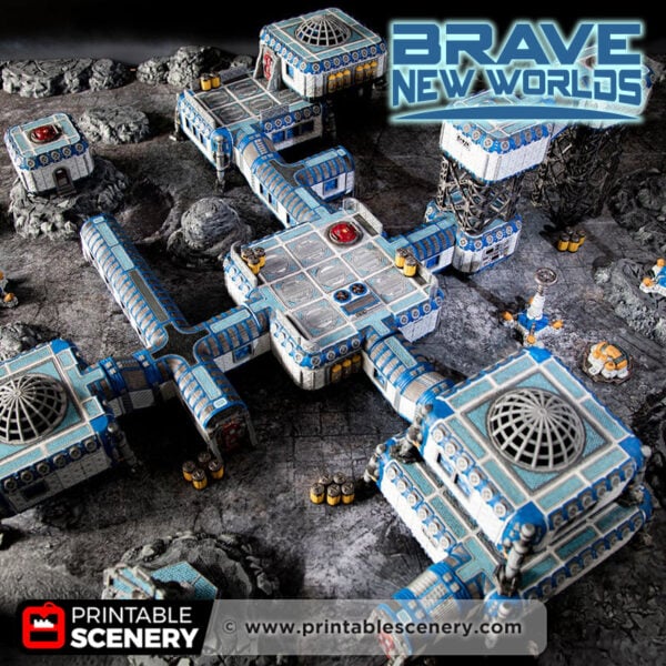 3D printed and painted Sanctuary-17 moonbase models for dnd and wargames