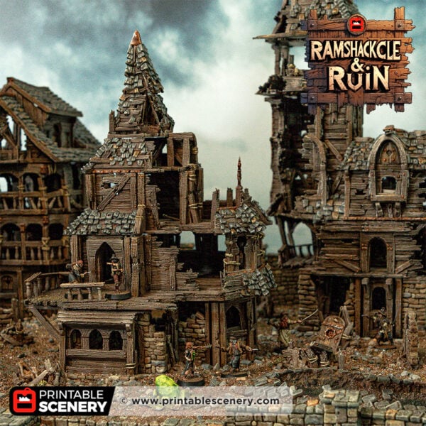 3D printed and painted Cities of Ramshackle and Ruin terrain for dnd and wargames
