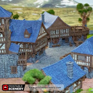 3d printed and painted medieval town from the Clorehaven range for dnd and wargaming