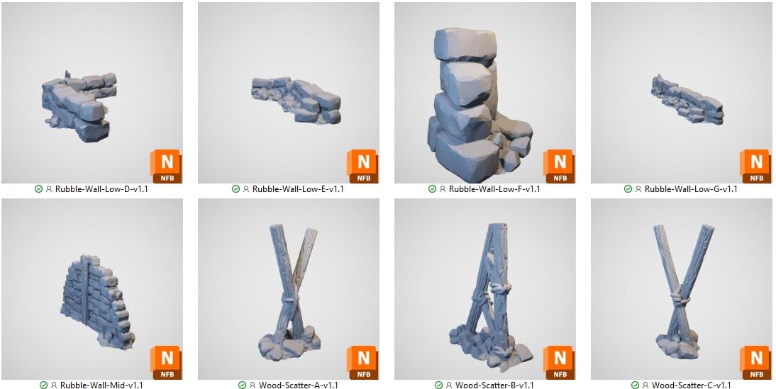 3D printed Rubble Piles and Scatter