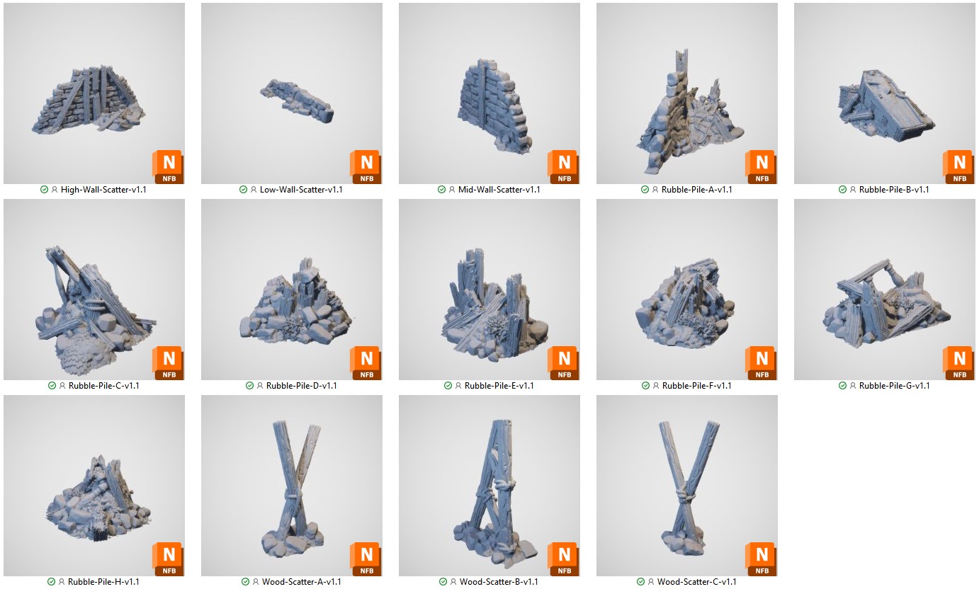 3D printed Rubble Piles and Scatter 