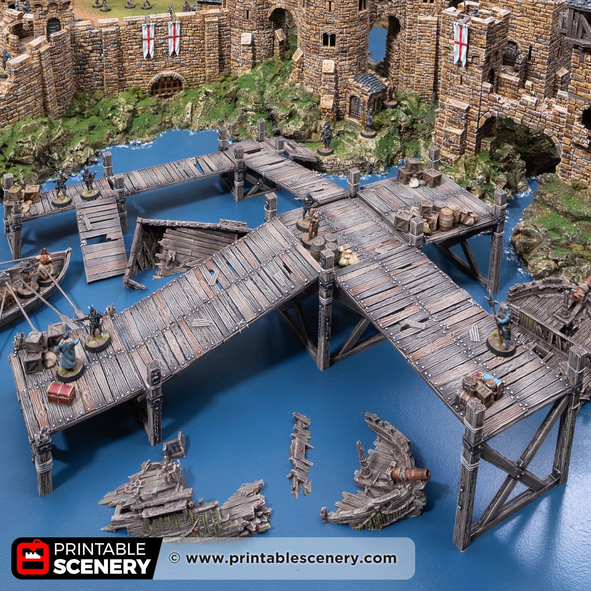 3d printed and painted dockside walkways for dnd and wargaming