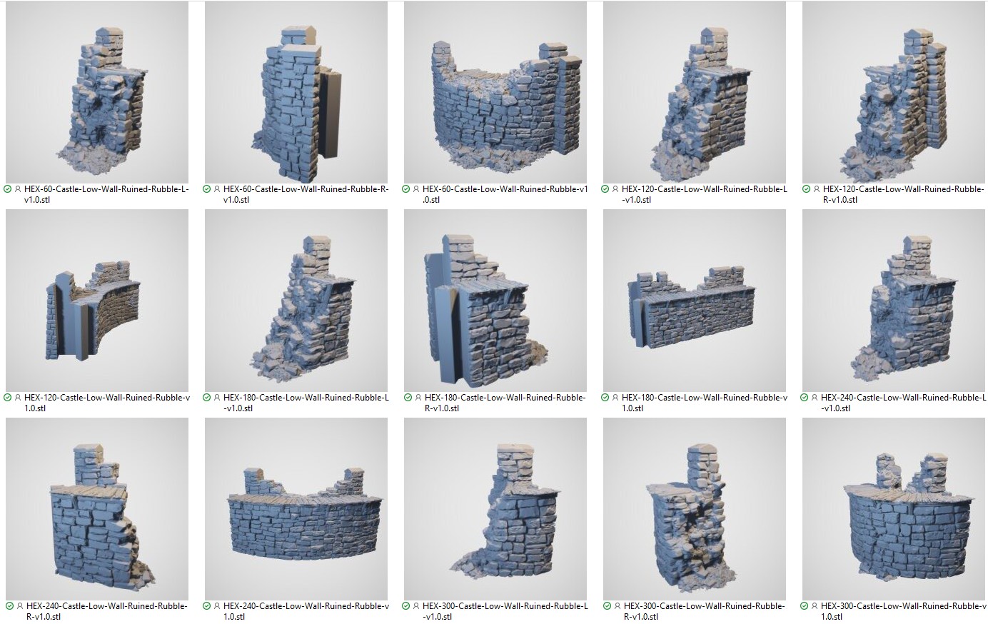 Hex Castle Ruined Low Walls with Rubble STL