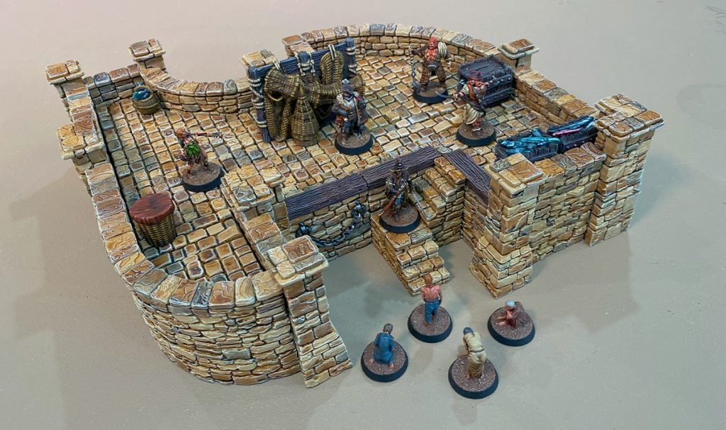 3D printed Ramshackle City Foundations with minis assembled on it