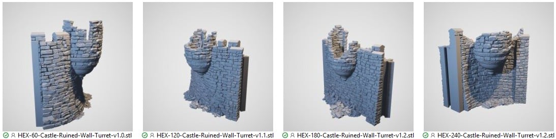 HEX Castle Ruined Wall Turrets 3d Print file