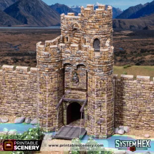 3d printed and painted castle barbican for dnd and wargaming