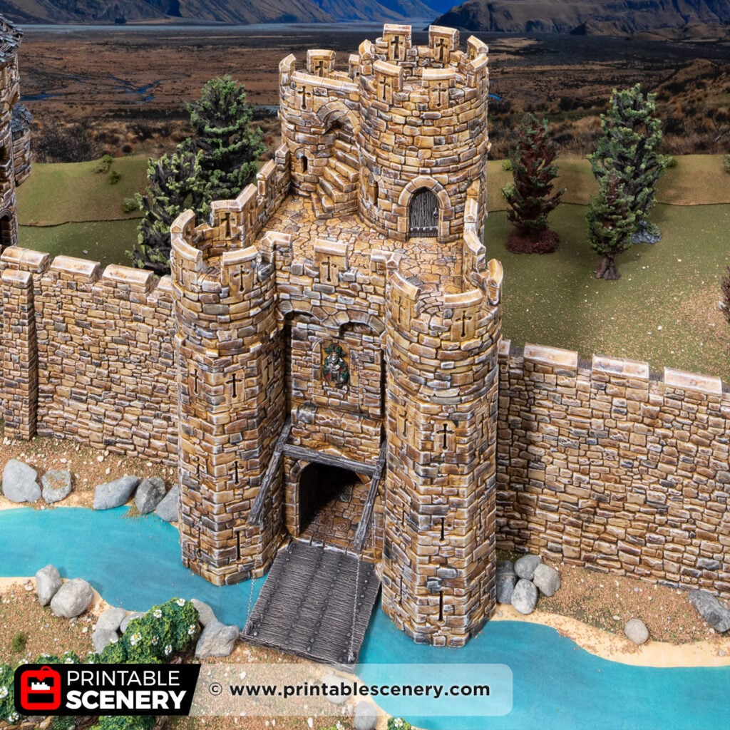 3d printed and painted castle barbican for dnd and wargaming