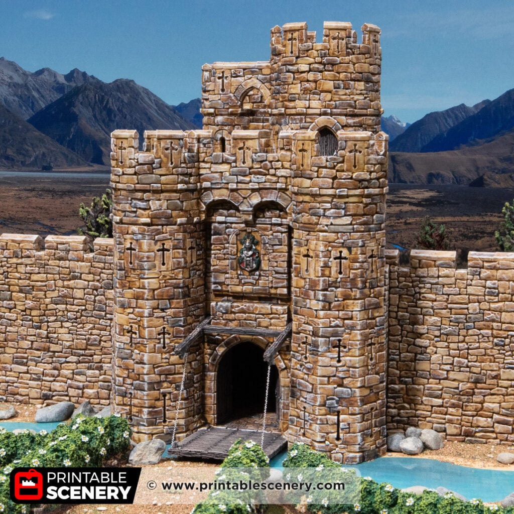 3d printed and painted castle barbican for dnd and wargaming