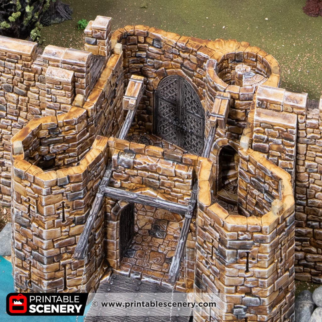 3d printed and painted castle barbican for dnd and wargaming