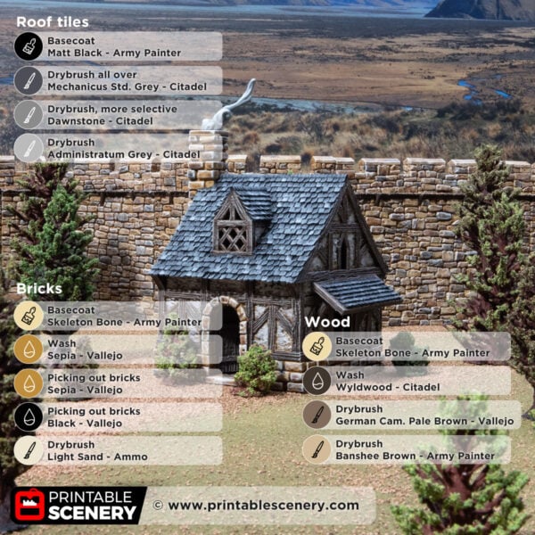 3d printed and painted bellas cottage for dnd and wargames with a paint guide overlay