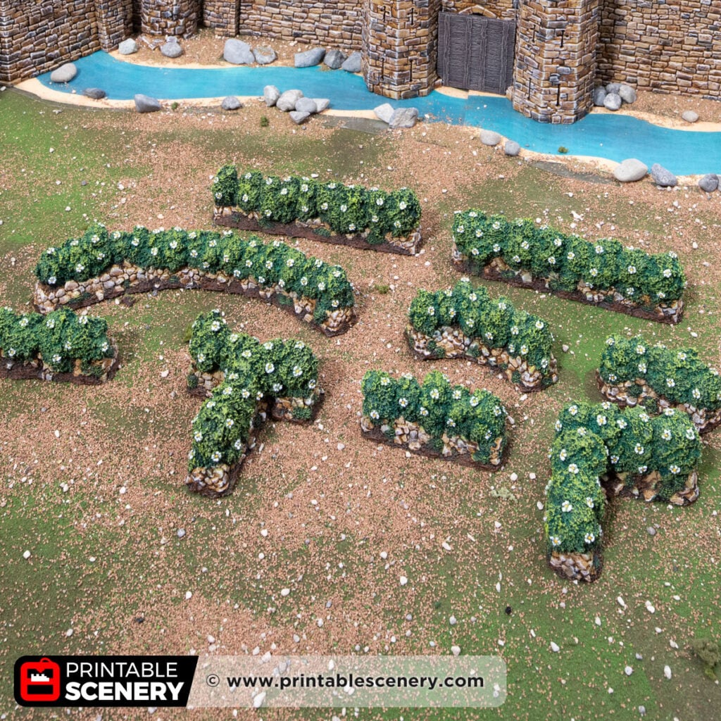 3d printed and painted castle hedges for dnd and wargaming
