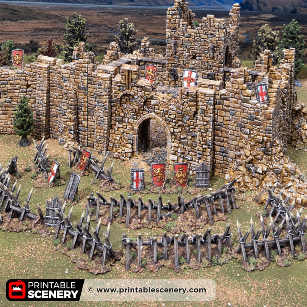 3d printed and painted cheval de frise and pavises for dnd and wargaming