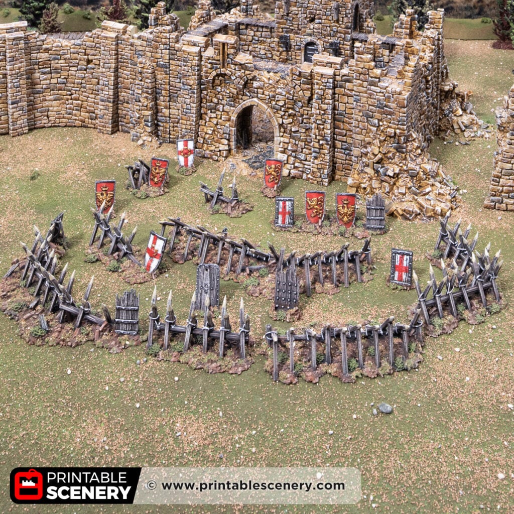 3d printed and painted cheval de frise and pavises for dnd and wargaming