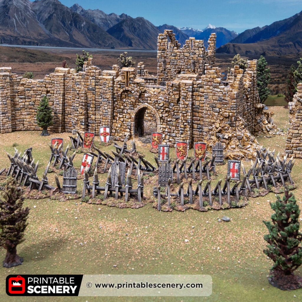 3d printed and painted cheval de frise and pavises for dnd and wargaming