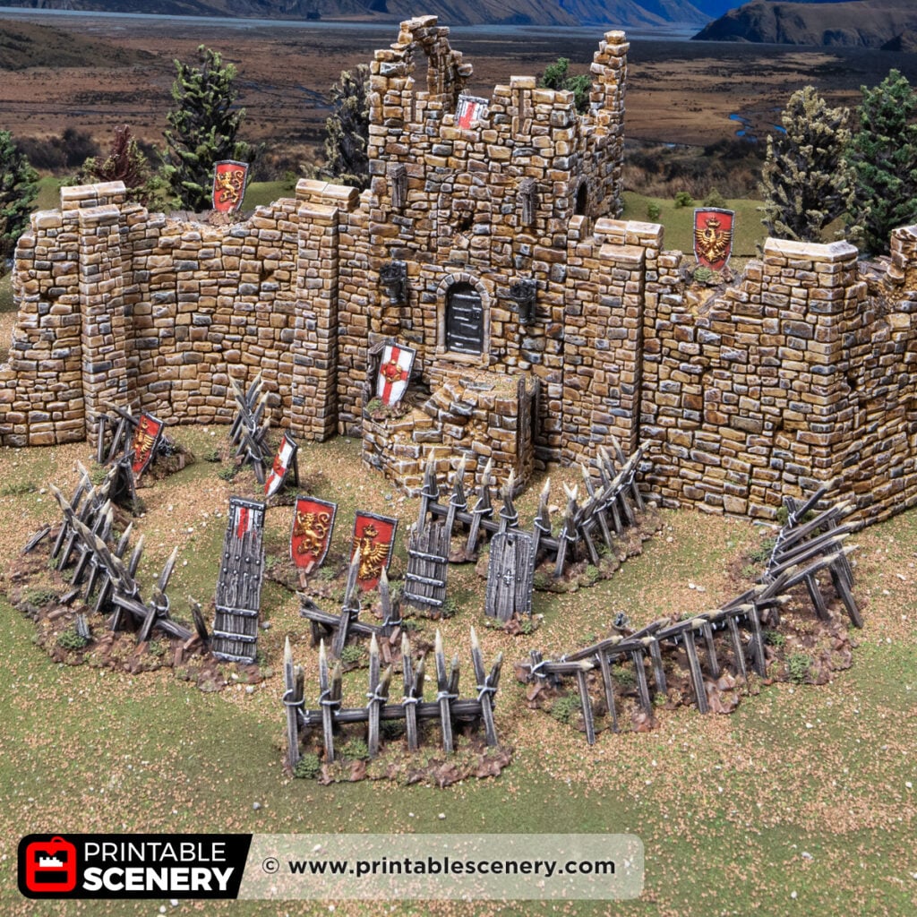 3d printed and painted cheval de frise and pavises for dnd and wargaming