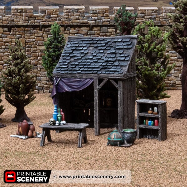 3D printed and painted market stall belonging to Alice, decorated with knick-knacks, used for tabletop rpgs and wargames