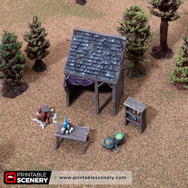 3D printed and painted market stall belonging to Alice, decorated with knick-knacks, used for tabletop rpgs and wargames