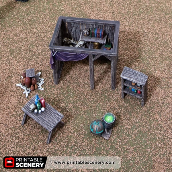 3D printed and painted market stall belonging to Alice, decorated with knick-knacks, used for tabletop rpgs and wargames