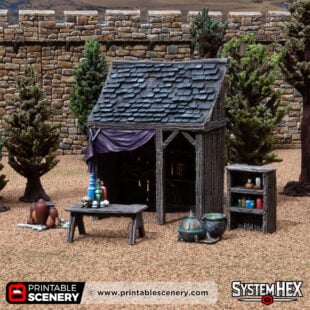 3D printed and painted market stall belonging to Alice, decorated with knick-knacks, used for tabletop rpgs and wargames