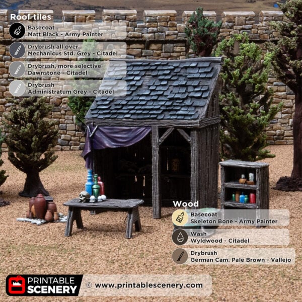 3D printed and painted market stall belonging to Alice, decorated with knick-knacks, used for tabletop rpgs and wargames, with a painting guide overlay