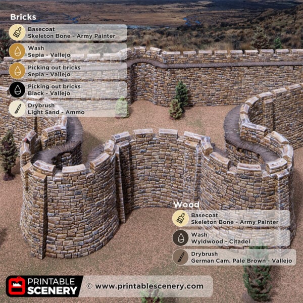 3D printed and painted Castle horseshoe walls for tabletop rpgs and wargames, with a painting guide overlay