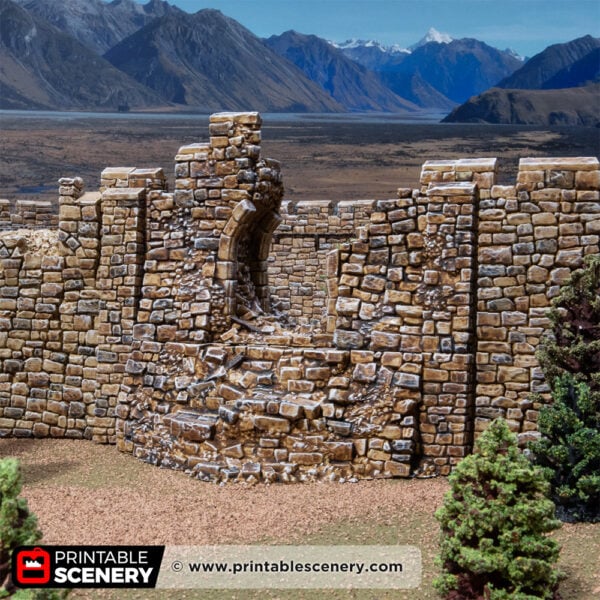 3D printed and painted ruined castle South Gate, used for tabletop rpgs and wargames