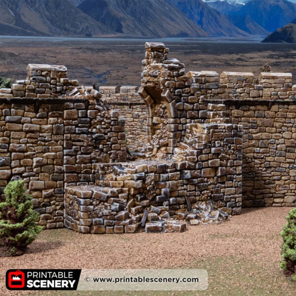 3D printed and painted ruined castle South Gate, used for tabletop rpgs and wargames