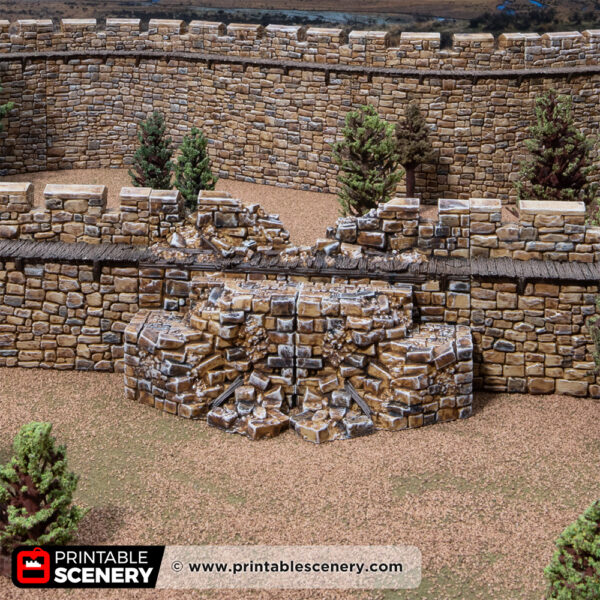 3D printed and painted ruined castle South Gate, used for tabletop rpgs and wargames