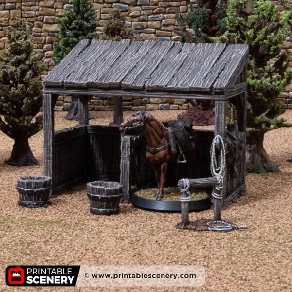 3D printed and painted castle stables with a horse inside, used for tabletop rpgs and wargames
