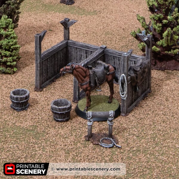 3D printed and painted castle stables with a horse inside, used for tabletop rpgs and wargames