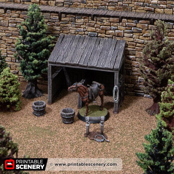 3D printed and painted castle stables with a horse inside, used for tabletop rpgs and wargames