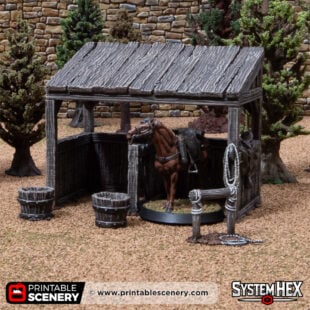 3D printed and painted castle stables with a horse inside, used for tabletop rpgs and wargames