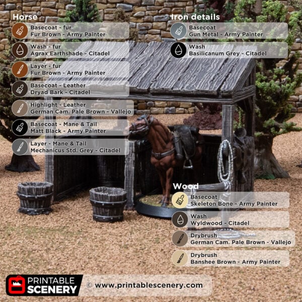 3D printed and painted castle stables with a horse inside, used for tabletop rpgs and wargames, with a paint guide overlay